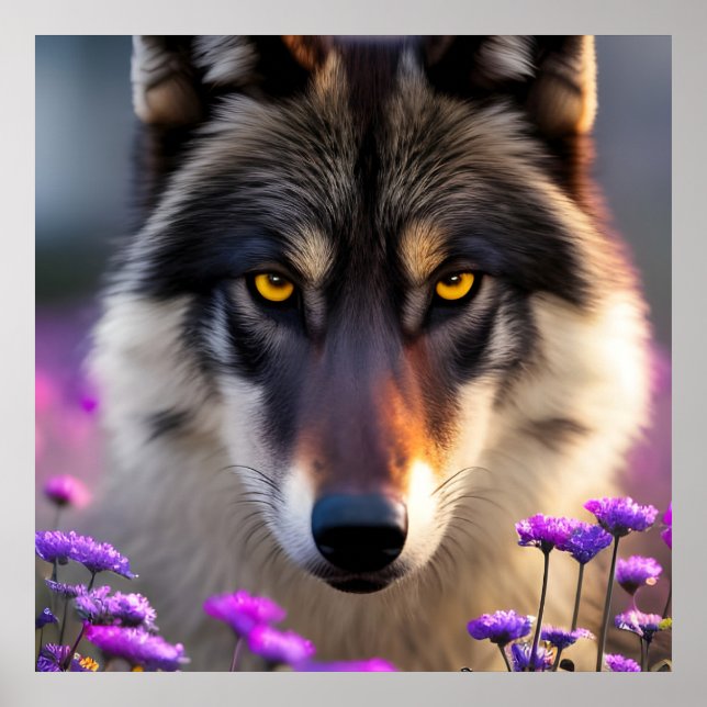 Gray wolf Stare - pink and purple flowers   Poster (Framsidan)