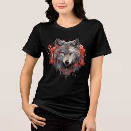 Gray Wolf with Red Flowers Illustration T Shirt