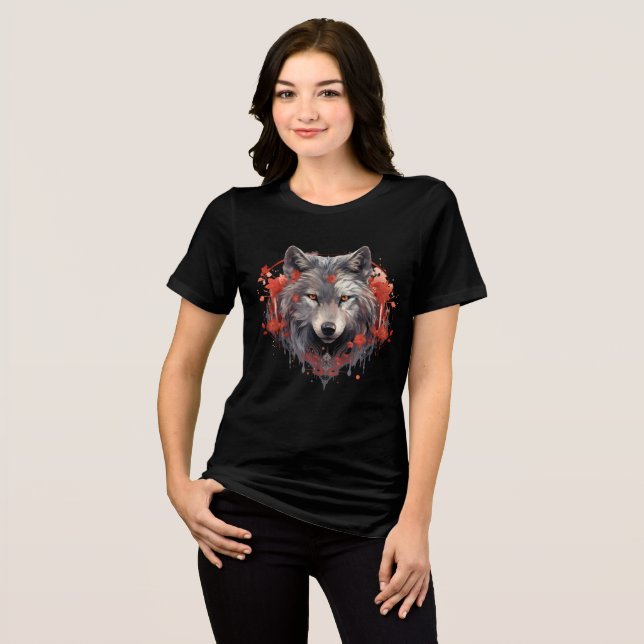 Gray Wolf with Red Flowers Illustration T Shirt (Framsida Full)