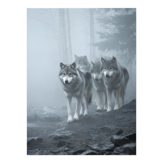 Gray Wolves in Thick Mist Fototryck (Framsidan)