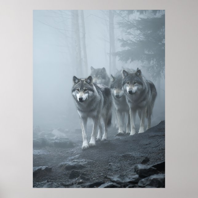 Gray Wolves in Thick Mist Poster (Framsidan)