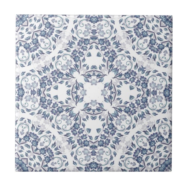 Grayish Blue White Blommigt Mandala Kakelplatta (Framsidan)