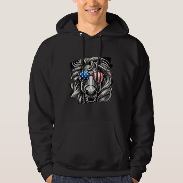 Grayscale Horse Art with American Flagga Sunglasse Hoodie (Framsida)