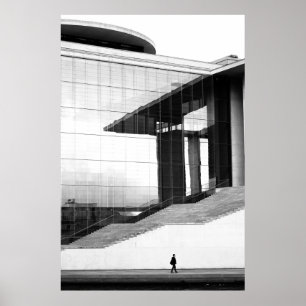 GRAYSCALE PHOTO OF MAN WALKING ON CONRETE PAVEMEN POSTER
