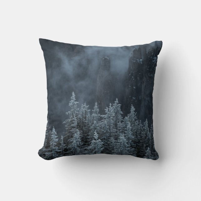 GRAYSKALFOTOGRAFI AV MOUNTAIN OCH TRÄD TÄCKNING KUDDE (Framsida)