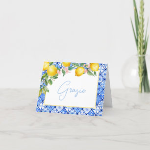 Grazie Lemons Italienska Blå Kakel Bröllopsdusch Tack Kort