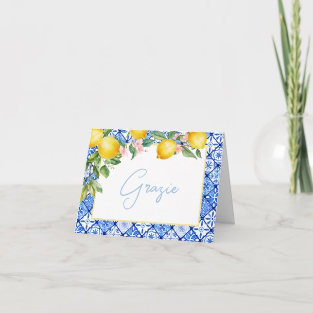 Grazie Lemons Italienska Blå Kakel Bröllopsdusch Tack Kort (Framsida)