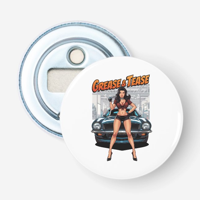 Grease & Tease – Heterochnology Pin-Up-Flicka Flasköppnare (Framsidan)