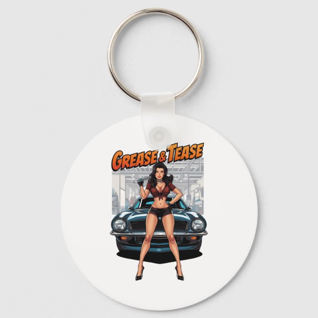 Grease & Tease – Varm Rod Pin-Up Flicka Nyckelring (Framsida)