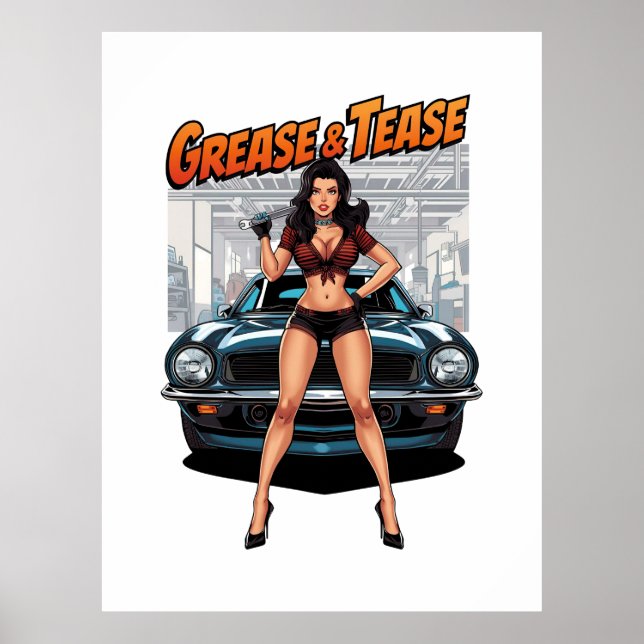 Grease & Tease – Varm Rod Pin-Up Flicka Poster (Framsidan)