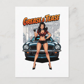 Grease & Tease – Varm Rod Pin-Up Flicka Vykort