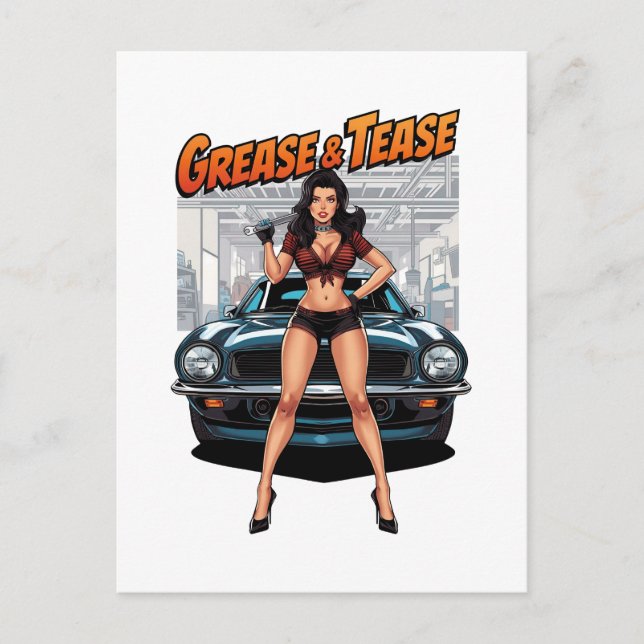 Grease & Tease – Varm Rod Pin-Up Flicka Vykort (Framsida)