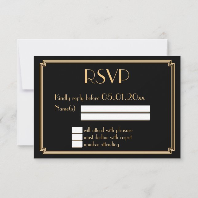 Great Art Deco Black Gold Wedding RSVP Card OSA Kort (Framsida)