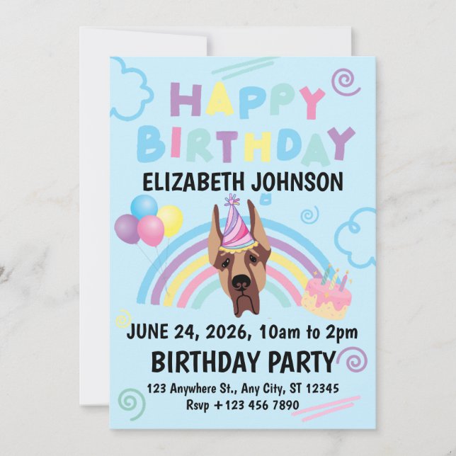 Great Dane Birthday Invitation in Blue Inbjudningar (Framsida)