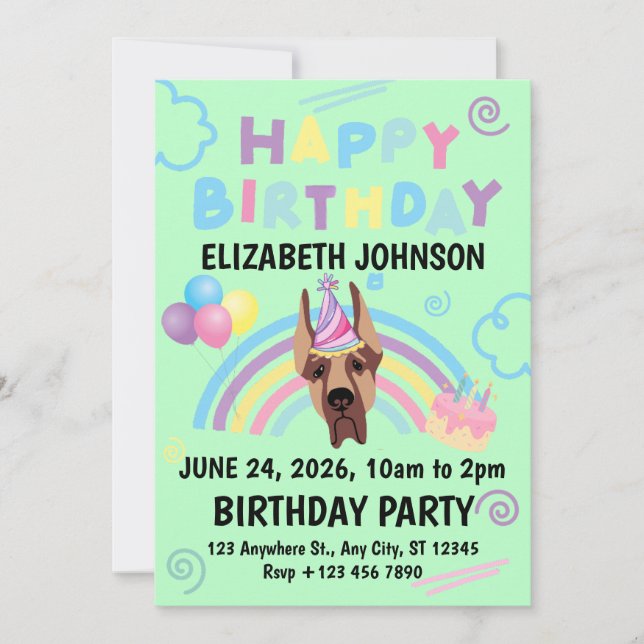 Great Dane Birthday Invitation in Green Inbjudningar (Framsida)