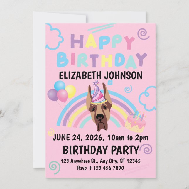 Great Dane Birthday Invitation in Pink Inbjudningar (Framsida)