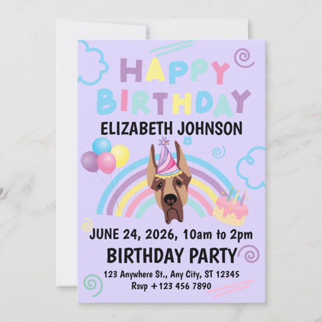 Great Dane Birthday Invitation in Purple Inbjudningar (Framsida)