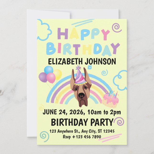 Great Dane Birthday Invitation in Yellow Inbjudningar (Framsida)
