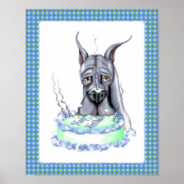 Great dane Blue Birthday Cake Ansikte Poster (Framsidan)