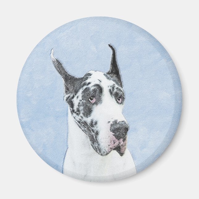 Great Dane (Harlequin) Målning - Original Hund Kon Magnet (Framsidan)
