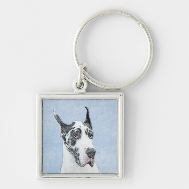 Great dane (Harlequin) - Originalkonst Hund Fyrkantig Silverfärgad Nyckelring (Framsidan)