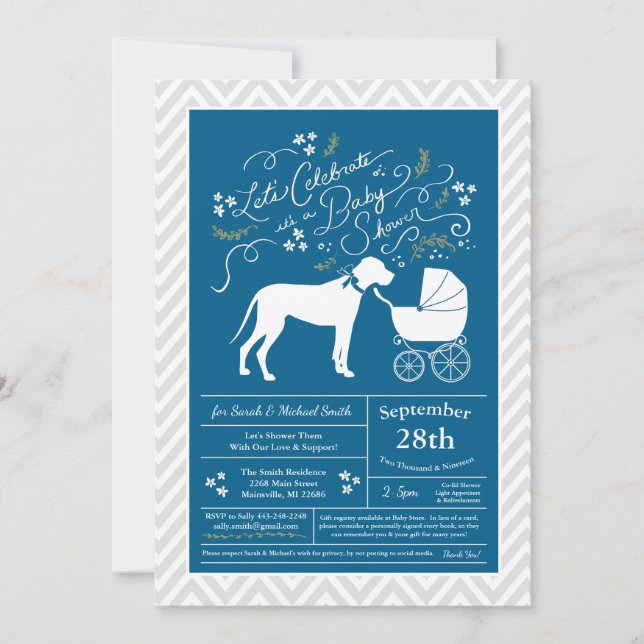 Great dane Hund Baby Shower Blue Boy Inbjudningar (Framsida)