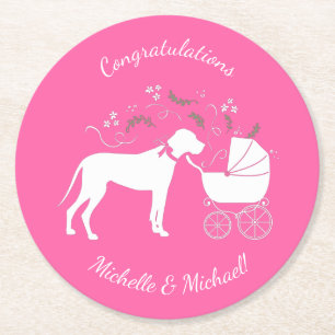 Great dane Hund Baby Shower Puppy Rosa Girl Girl Underlägg Papper Rund