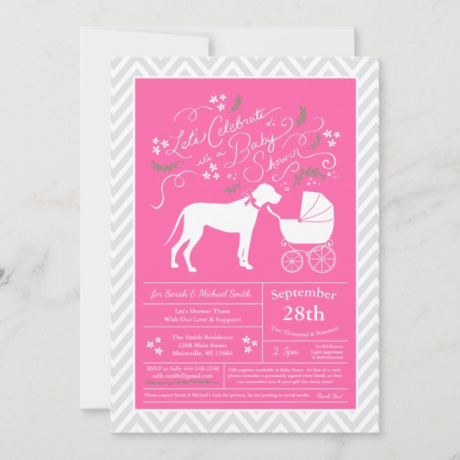 Great dane Hund Baby Shower Rosa Girl Inbjudningar (Framsida)