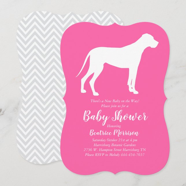 Great dane Hund Baby Shower Rosa Girl Inbjudningar (Fram/baksida)