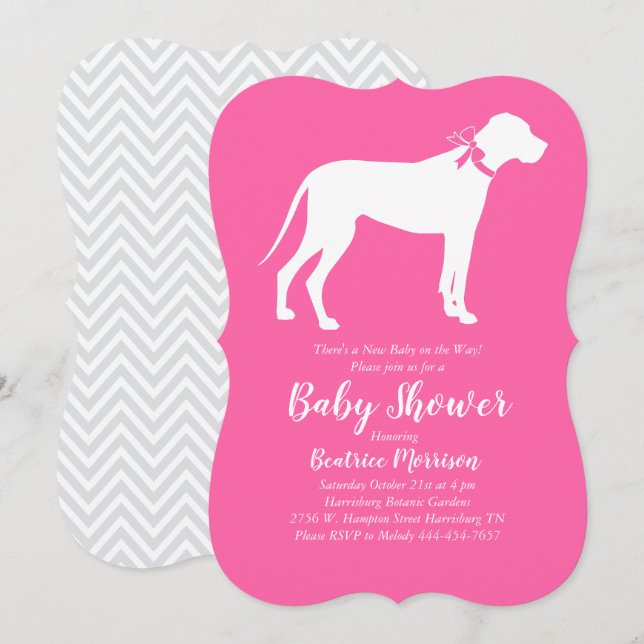Great dane Hund Baby Shower Rosa Girl Inbjudningar (Fram/baksida)