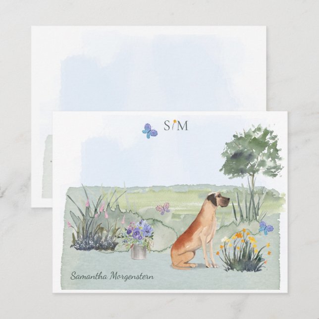 Great dane Hund Butterfly Monogram och Namn Anteckningskort (Fram/baksida)