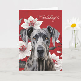 Great Dane Hund Födelsedag Vita Liljor på Rött Kort