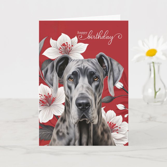 Great Dane Hund Födelsedag Vita Liljor på Rött Kort (Liten växt)