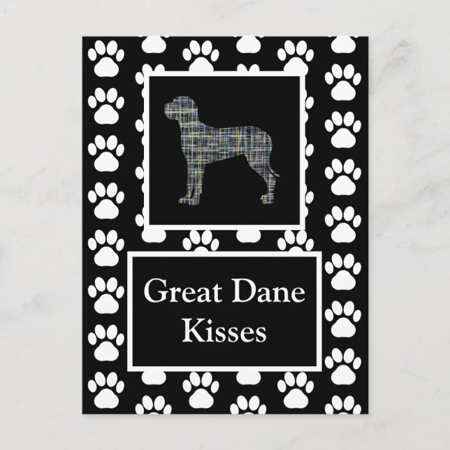 Great dane Hund Kisses Silhouette Gult&Blue Grid Vykort (Framsida)