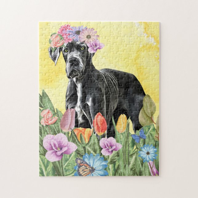 Great dane Hund med blommor Vår Pussel (Vertikal)