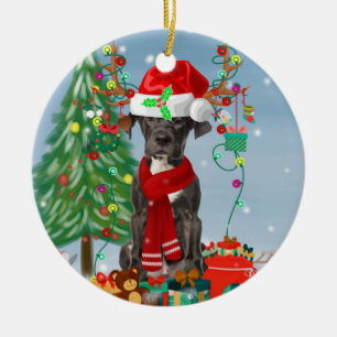 great dane hund med julklappar   julgransprydnad keramik