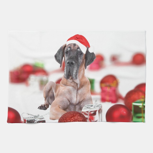 Great dane Hund med julklappar Kökshandduk (Horisontell)