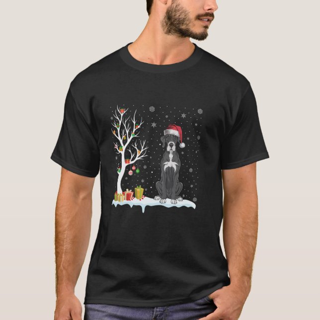 Great dane Hund Santa Hat Festive Träd Light Krist T Shirt (Framsida)