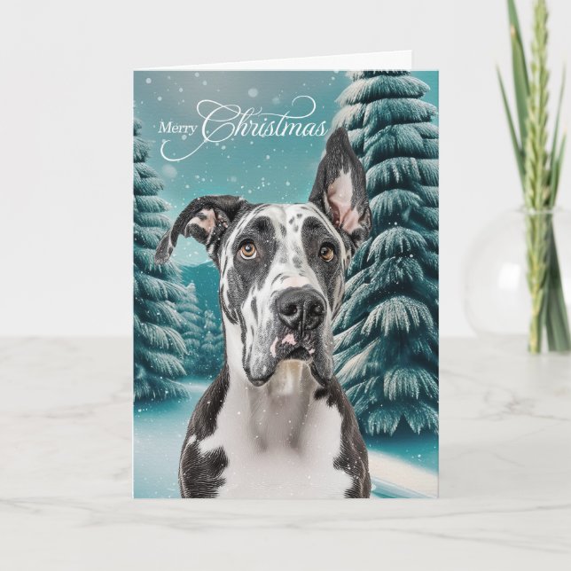 Great Dane Hund Vinter Teal Skog Jul Helgkort (Framsida)