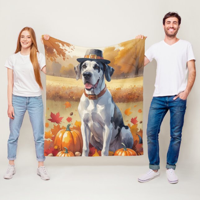 Great dane i Höst löv Thanksgiving Art Fleecefilt (På plats)