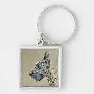 Great dane-målning (Brindle) - Originalteckning av Fyrkantig Silverfärgad Nyckelring