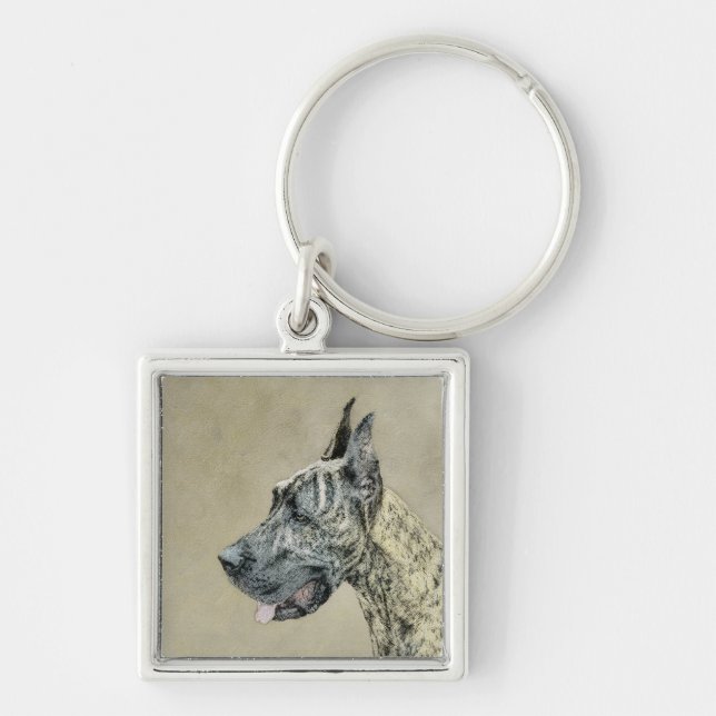 Great dane-målning (Brindle) - Originalteckning av Fyrkantig Silverfärgad Nyckelring (Framsidan)
