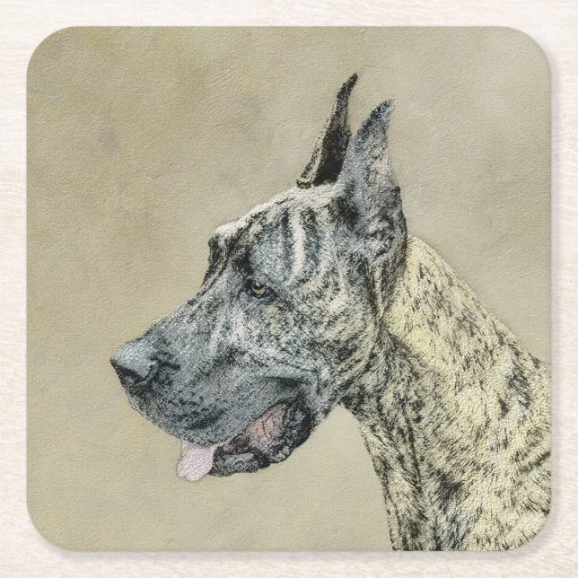 Great dane-målning (Brindle) - Originalteckning av Underlägg Papper Kvadrat (Framsidan)