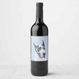 Great dane-målning (Harlequin) - Originalkonst Vinflaska Etikett