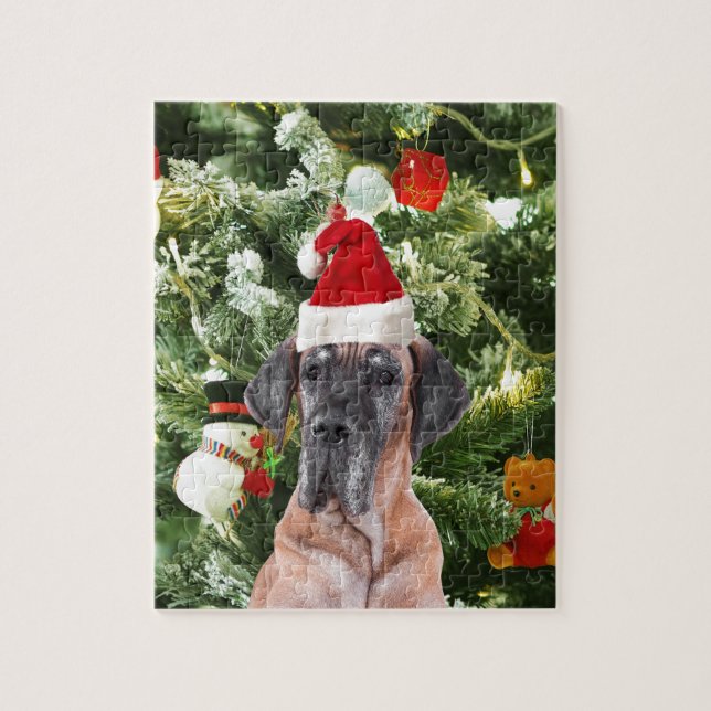 Great dane med Julgran Gift Boxes Santa Hat Pussel (Vertikal)