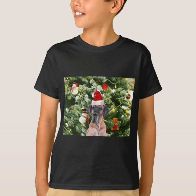 Great dane med Julgran Gift Boxes Santa Hat T-shirt (Framsida)