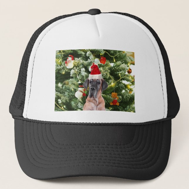 Great dane med Julgran Gift Boxes Santa Hat Truckerkeps (Framsida)