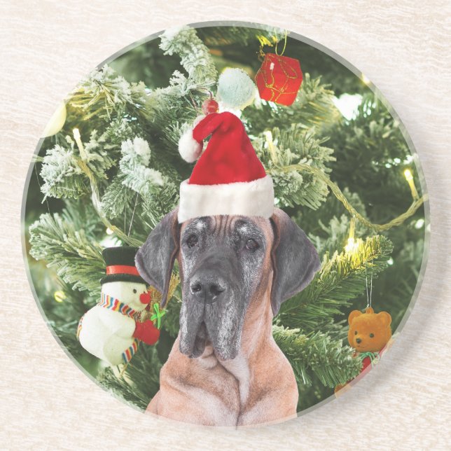 Great dane med Julgran Gift Boxes Santa Hat Underlägg Sandsten (Framsidan)