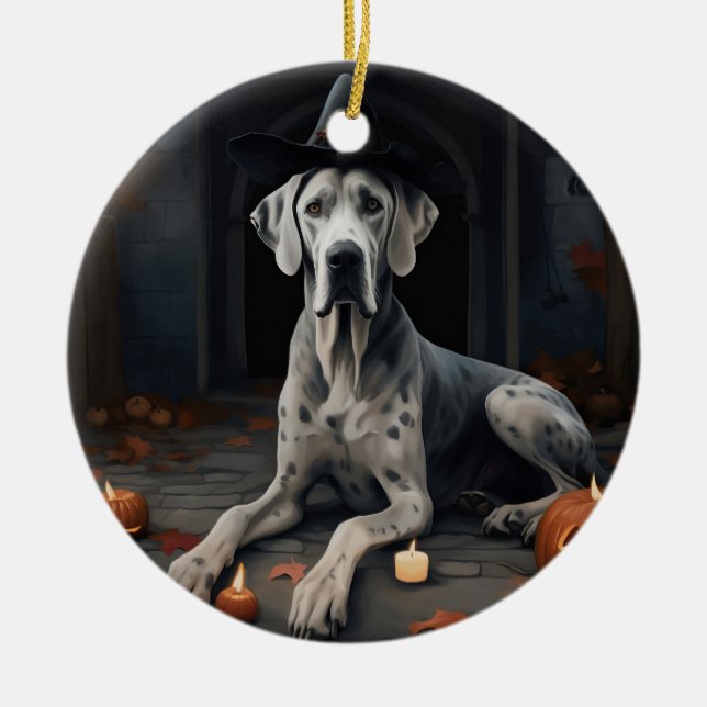 Great Dane Pumpa Halloween Skräcklig Flip Julgransprydnad Keramik (Framsidan)
