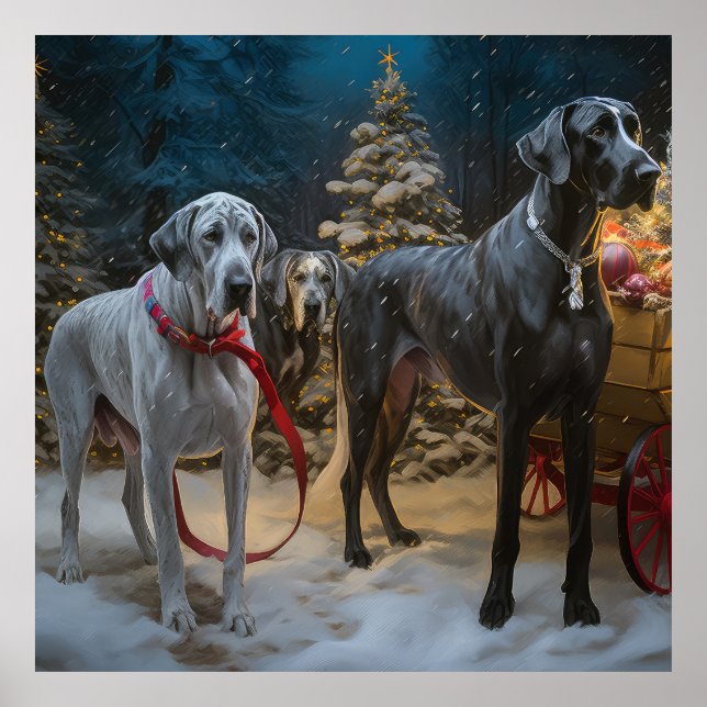 Great Dane Snöig släde juldekoration  Poster (Framsidan)